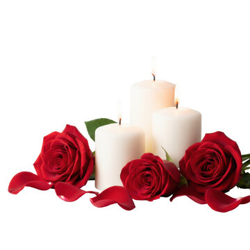 Three white pillar candles with warm flickering flames alongside vibrant red roses and scattered petals on a transparent studio background, creating a serene romantic mood.