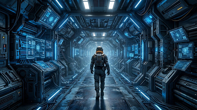 A lone astronaut stands within the illuminated futuristic corridor of a massive spaceship contemplating the vastness of space and the unknown challenges