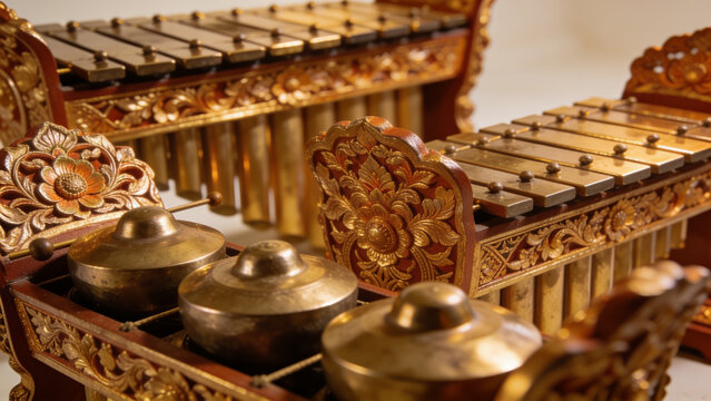 Traditional ornate wooden xylophone with metal bars and gongs in intricate setting