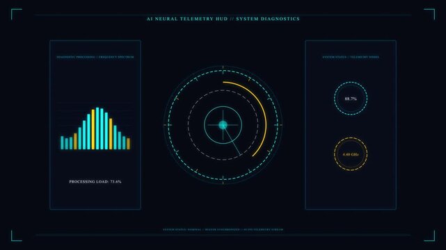 Futuristic AI system logs UI overlay displaying data diagnostics and boot sequence motion graphic