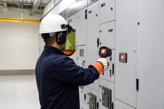 Technician performing infrared thermal inspection on switchgear