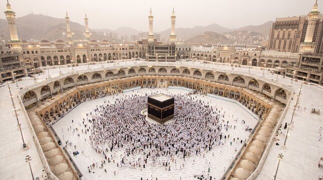 Aerial view of pilgrims circumambulating the Kaaba at the Great Mosque in Mecca Saudi Arabia