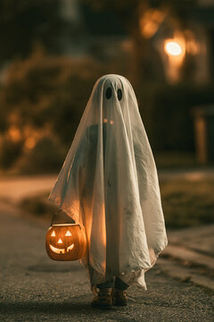 Ghost on Halloween Night Holding Illuminated Pumpkin Bucket While Trick or Treating on a Spooky Neighborhood Street