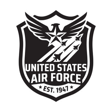 United states air force logo emblem with eagle star and jet fighter planes in a black and white shield design Vector