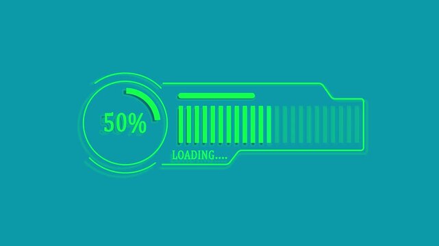 HUD Futuristic Loading Bar Animation with Circular Percentage Counter, Tech Progress Bar, Data Transfer, Download Status UI Element for Science Fiction HUD Interface and Digital Video Overlay