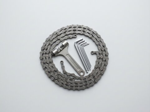 bicycle chain and repair tools Bicycle maintenance tools including chain, wrench, and hex keys on white background.