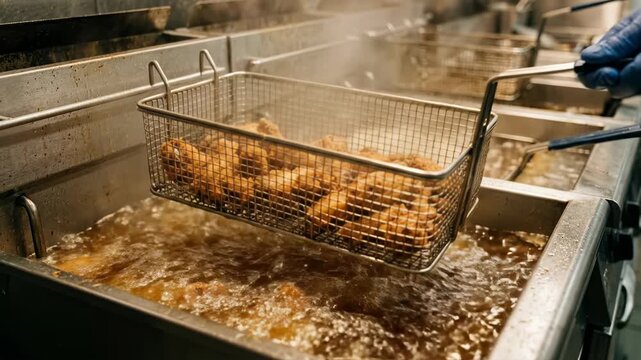Chef Preparing Delicious Crispy Fried Chicken in a Commercial Deep Fryer Kitchen with Bubbling Hot Oil