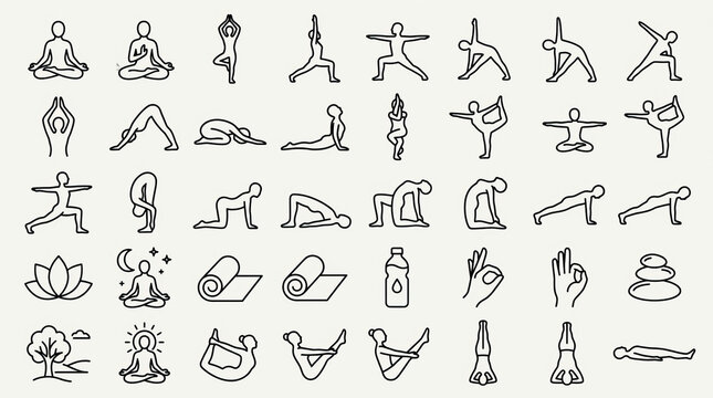 Yoga Pose Collection: A comprehensive collection of stylized line art icons depicting various yoga poses, mindfulness symbols, and essential yoga accessories.