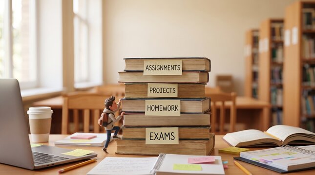 Stack of educational books labeled exams homework assignments projects assessments on library desk with laptop coffee cup study materials student learning academic concept