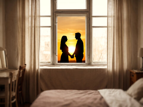 Silhouette of a young couple holding hands standing by a window at sunset in a cozy bedroom transparent background