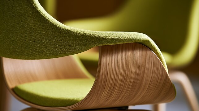 Modern ergonomic office chair with lime green fabric and curved wood frame.
