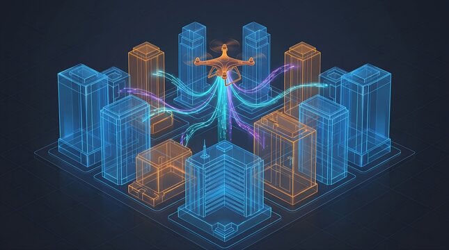 Quadcopter Drone Hovering Over Smart City Skyscrapers With Fiber Optic Data Streams, Isometric Wireframe Urban Infrastructure Network, Lidar Sensor Telemetry And Futuristic Digital Twin Scanning