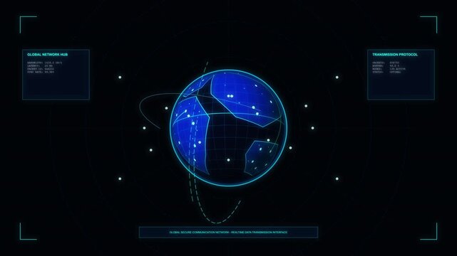 Global communication concept earth rotating with data transfer, technology network motion graphic