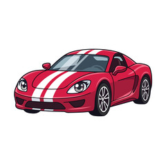 Fototapeta premium Red sports car illustration with dual white racing stripes isolated on a plain white background.