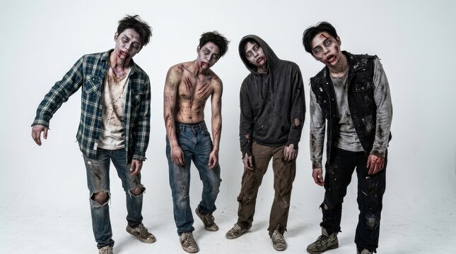 Group of Scary Zombies with Bloody Faces and Torn Clothes Standing on White Background for Halloween Concept