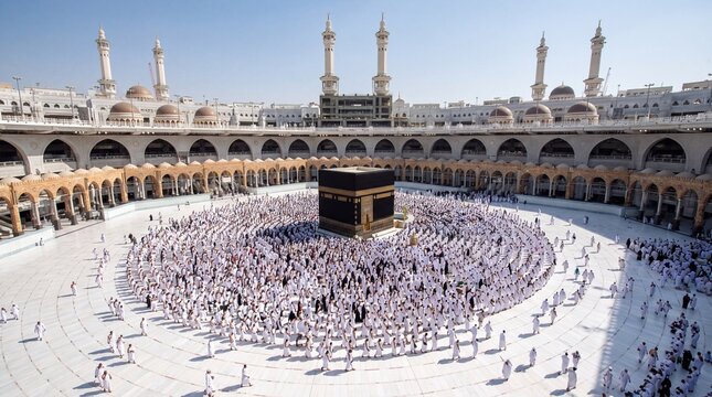 Kaaba in Mecca with pilgrims performing Tawaf during Hajj or Umrah pilgrimage in Saudi Arabia