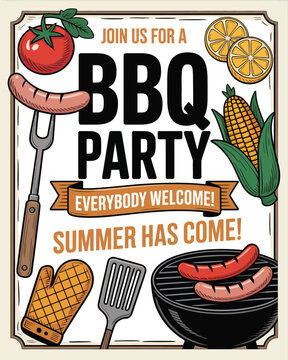 Barbecue Hand Drawn Party Poster, Vintage Grill Food Sketch, Bold Typography, Rustic Summer Cookout Menu Design