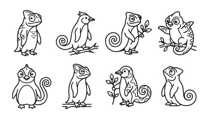 Obraz premium Whimsical cartoon chameleons and birds with playful poses in simple line art style for children's illustrations