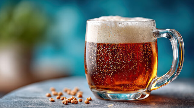 Amber craft beer in a glass mug with bubbling foam for minimal still life beverage background and pub styling
