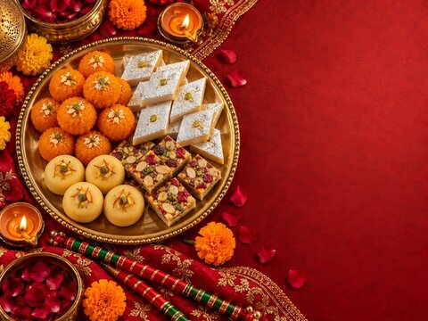 Assorted Indian festive sweets thali with kaju katli and ladoo, glowing diyas and dandiya sticks for Navratri celebration, flat lay with copy space on red fabric