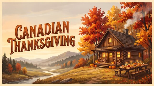 Canadian Thanksgiving Banner with Cozy Log Cabin, Autumn Foliage, Mountain Landscape, and Outdoor Holiday Dinner Table Illustration