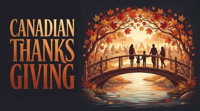 Warm Canadian Thanksgiving Illustration featuring a Family Silhouette on a Bridge with Autumn Maple Leaves and Festive Gathering Scene