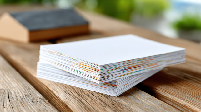 Stack of printed postcards with colorful edges on rustic wood surface for direct mail sample, print proofing, marketing collateral, campaign mockup and layout approval