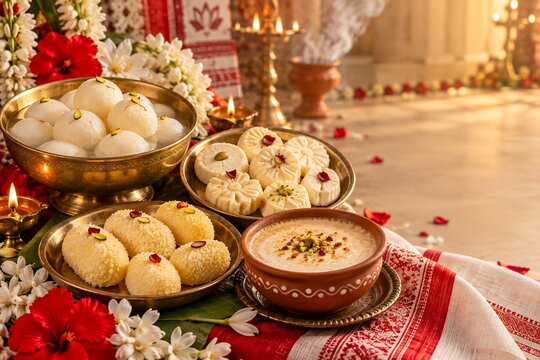 Traditional Bengali Durga Puja Sweets Featuring Rasgulla, Sandesh, Cham Cham, and Mishti Doi in Brass Bowls with Festive Diyas and Copy Space for Food Advertising