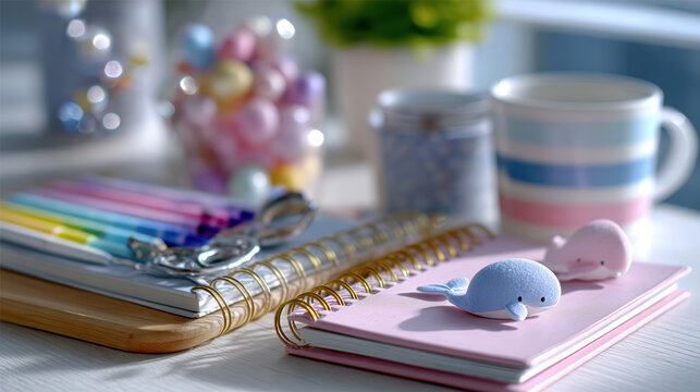 Cute whale sticker and small erasers on pastel notebooks with pencils and beads for stationery background and school craft flatlay
