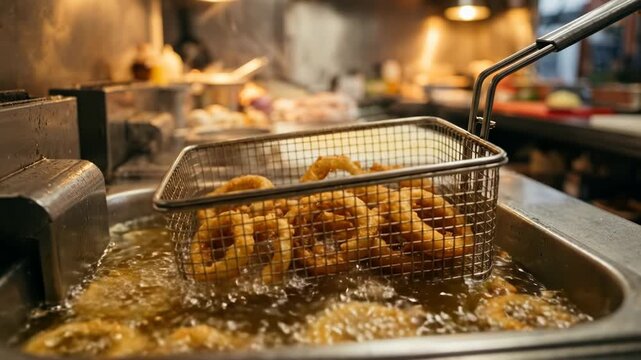 Golden Brown Onion Rings Sizzle and Fry in Bubbling Hot Oil in Commercial Kitchen Fryer Basket