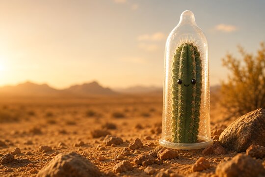 A smiling cactus inside a condom stands in a dry desert landscape during sunset with warm golden light