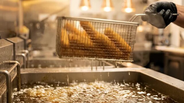 Golden Fried Chicken Tenders Cooked in Hot Oil Basket Lifted from Fryer