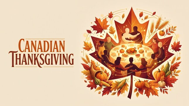 Canadian Thanksgiving Banner Featuring Family Gathering and Festive Dinner inside Maple Leaf Frame with Autumn Harvest Pumpkins and Wheat Elements