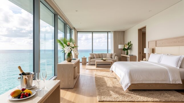 Spacious luxury cruise suite with a white bed, sitting area and panoramic ocean windows