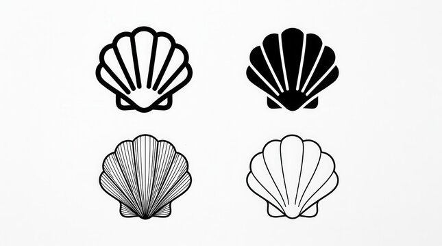 Set of Four Minimalist Seashell Scallop Icons in Different Line Styles and Silhouettes on White Background