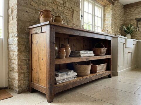 restored wooden cabinet Rustic wooden shelving unit with baskets and pottery in a stone wall kitchen.