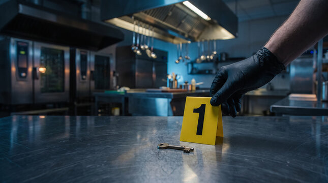 Forensic Investigator Placing Evidence Marker Near Key in Professional Restaurant Kitchen