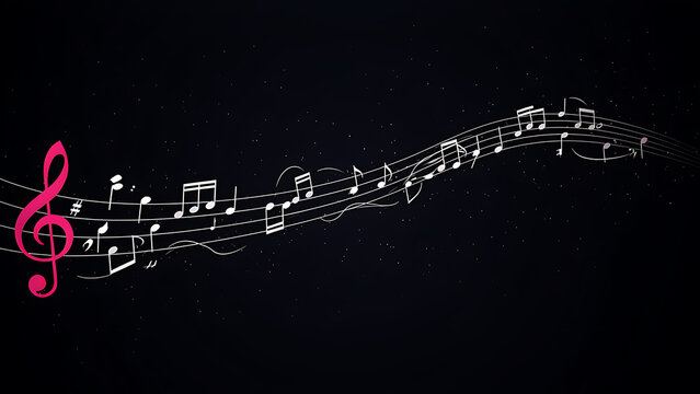 Pink treble clef and flowing music stave on dark starry background
