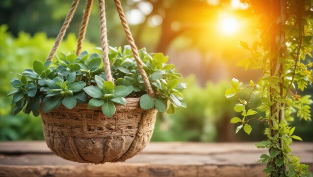 A Crassula plant thriving in a rustic hanging planter with distressed wood and natural stone accents