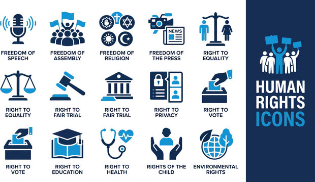 Human rights icons set, blue social justice symbols for equality and freedom, 15 civil rights vector illustrations for legal and advocacy design