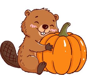 Cute happy beaver hug big orange pumpkin with bright color for halloween celebration during autumn season © jenjira