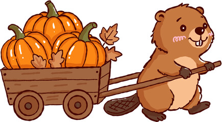 Happy beaver pulls wooden cart full of orange pumpkin and autumn leaf for Halloween harvest celebration © jenjira
