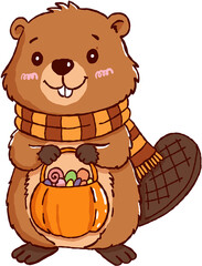 Happy animal beaver holding pumpkin bucket with candy wearing scarf for halloween celebration with joyful smile © jenjira