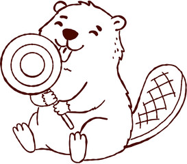 Happy cute animal beaver outline holding sweet halloween candy lollipop brings festive autumn celebration joy © jenjira