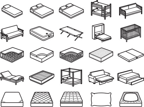 A collection of various bed types and mattress styles presented in isometric line art, showcasing diversity in sleeping furniture.