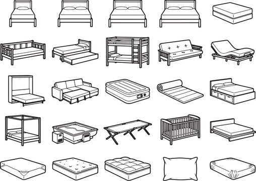 A collection of diverse bed and mattress designs, from simple frames to bunk beds and cribs, presented in a clear, illustrative style.