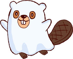 Cute happy halloween beaver wearing white ghost sheet costume shows cheerful character for spooky October fun © jenjira