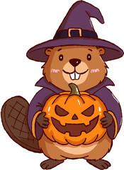 Happy halloween beaver wearing purple witch hat and cloak costume holds carved orange pumpkin for holiday event © jenjira