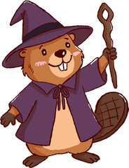 Cute happy beaver wearing halloween wizard witch hat and purple robe holding wooden staff for holiday fun © jenjira