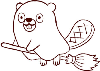 Happy beaver wearing ghost costume riding broom halloween line outline art drawing for fun autumn holiday page © jenjira
